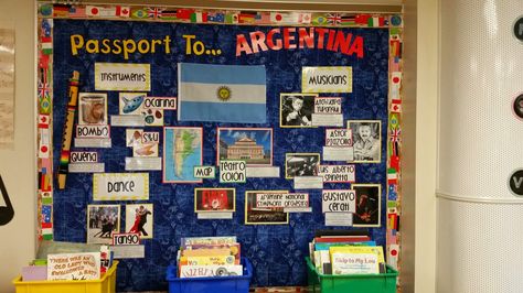 Passport to Argentina. IB World School and Music. From blog Hillary's Highlights. Hispanic Heritage Month Crafts, Travel Theme Classroom, Hispanic Heritage Month Activities, Teacher Tricks, Bulletin Boards Theme, Harmony Day, Classroom Tour, Homeschool Geography, World Thinking Day