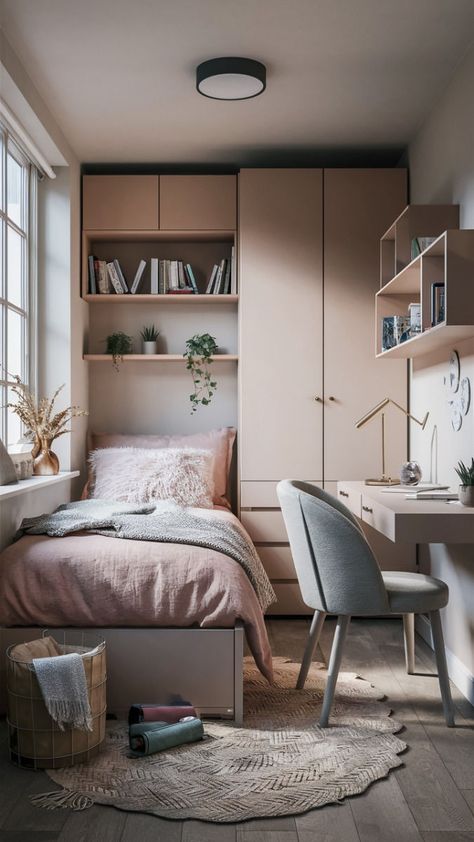 Interior Design Teenage Room, Small Room Minimalist Design, Mini Room Decor Small Spaces, Small Apartment Room Ideas Tiny Bedrooms, Tiny Bedroom Ideas Aesthetic, Small Teenage Room, Small Girl Bedroom Ideas, Aesthetic Teen Bedroom Decor, Mini Bedroom Design