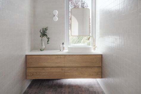 4 of the best bathroom trends you'll be loving in 2024 Oak Floating Vanity, Timber Bathroom Vanities, Wall Hung Bathroom Vanities, Bathroom Vanity Drawers, Stone Benchtop, Custom Floating Shelves, Oak Bathroom Vanity, Timber Vanity, Timber Shelves