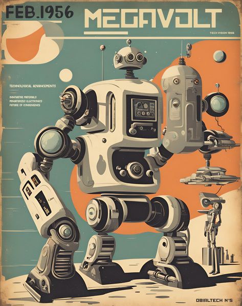 N°5 - MEGAVOLT. #vintageart #retrofuture #retroart #retroillustration #vintage #retro #50s #illustration #retrostyle #vintagestyle #vintageaesthetic #robot #aiart #aicommunity Vintage Robot Illustration, 1950s Cartoon Illustration, Retro Robot Art, Retro Futurism Robot, Vintage Robot Art, 50s Illustration, College Projects, Vintage Robots, Robot Illustration