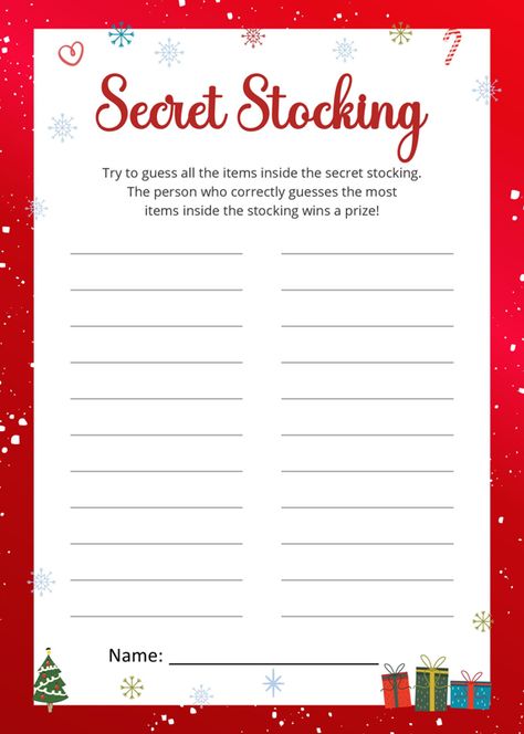 Secret Stocking Christmas Game | Holiday Party Games Printable Secret Stocking Exchange, Guess Whats In The Stocking Game, Christmas Stocking Exchange Ideas, Christmas Stocking Exchange, Pass The Gift Game, Secret Santa Game, Fun Holiday Games, Party Games Printable, Santa Party