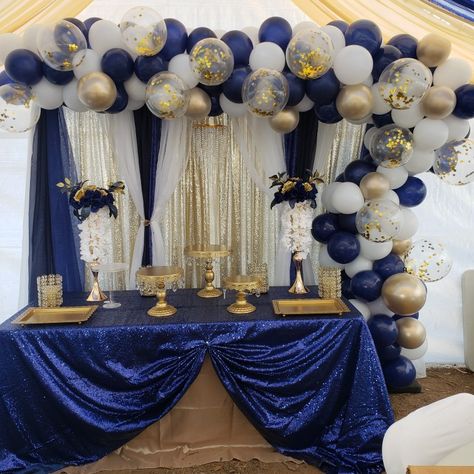 Royal Blue Bday Theme, Graduation Decorations Blue And White, Blue And Gold Masquerade Party Decorations, Royal Blue Gold Table Setting, Royal Prom Decorations, Royal Blue 60th Birthday Party, Dessert Table Ideas Blue And Gold, Sapphire Blue Birthday Party, Blue Gold Silver Party Decorations