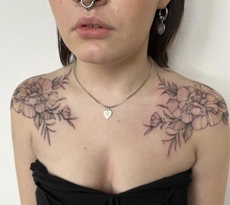 Elegant Chest Tattoos For Women, Floral Shoulder Chest Tattoo, Peony Tattoo Collar Bone, Shoulder Tattoo Peony, Collar Bone Chest Tattoo, Celestial Chest Tattoo, Shoulder Collarbone Tattoo, Front Chest Tattoo Female, Peony Chest Tattoo