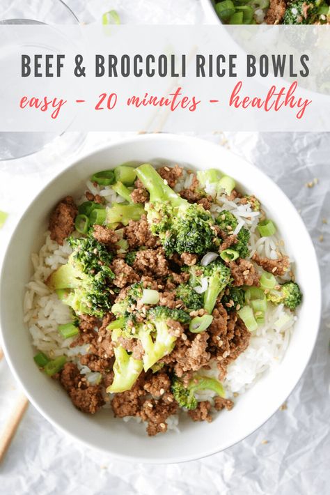 Ground Beef and Broccoli Rice Bowl Recipe | This HEALTHY ground beef and broccoli recipe is ready in just 20 minutes! Rice bowl recipes are perfect for weeknight dinners. #beefandbroccoli #healthydinner #weeknightdinner #ricebowl