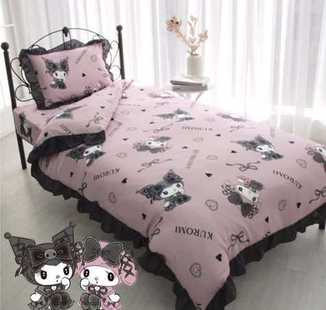 Kurumi Room, Kuromi Bedroom Ideas, Kuromi Bedroom Aesthetic, Kuromi Aesthetic Room, My Melody And Kuromi Room, Kuromi Bedroom Decor, My Melody And Kuromi Bedroom, Kuromi Furniture, Kuromi Room Decor