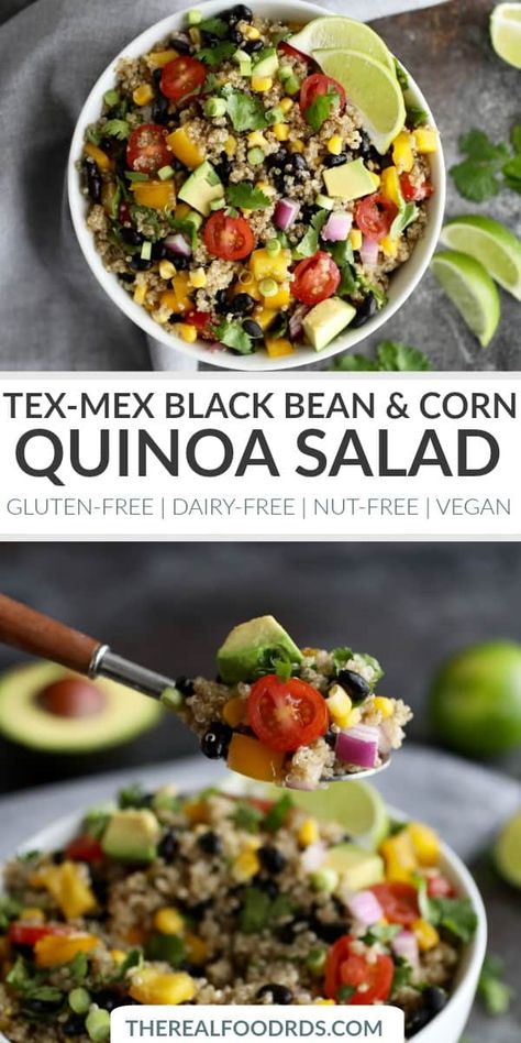 Tex-Mex Quinoa Salad with Black Beans & Corn | Gluten-free Quinoa Salad | Dairy-free Quinoa Salad | Vegan Side Dish | Healthy Side Dish Recipe | Gluten-free Side Dish | Nut-free Quinoa Salad || The Real Food Dietitians #glutenfreesidedish #healthysidedishrecipe #veganquinoasalad Dairy Free Quinoa Salad, Gluten Free Quinoa Salad, Salad With Black Beans, Dairy Free Lunch, Vegan Quinoa Salad, Real Food Dietitians, Black Beans Corn, Black Bean Recipes, Gluten Free Sides Dishes