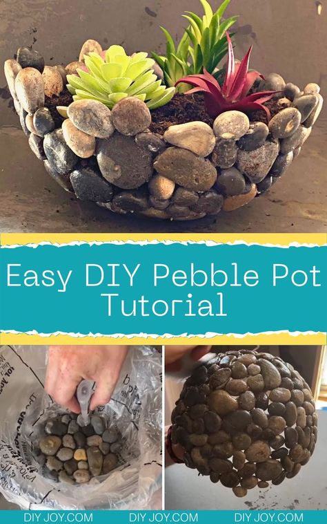 Pebble Pot - Easy Crafts with Rocks - How to Make a Pebble Pot via @diyjoycrafts Rock Crafts Diy, Homemade Clay, Instruções Origami, Astuces Diy, Deco Nature, Diy Simple, Garden Art Crafts, Diy Crafts To Do, Stone Crafts