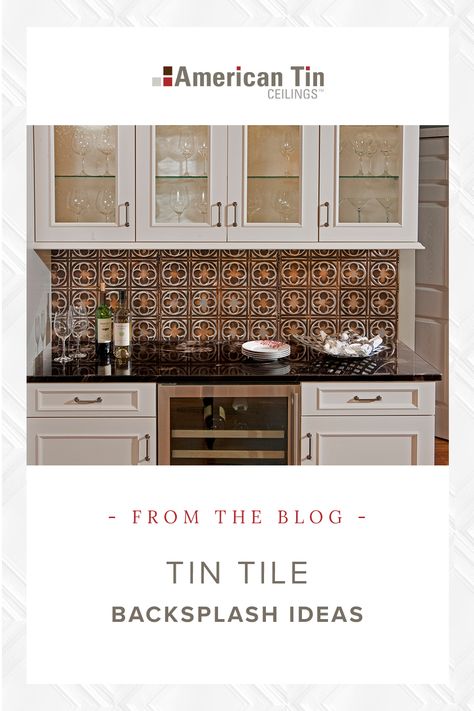 If you’re looking for something a little different that can add visual interest and define your design, consider tin tile on the backsplash. Peel And Stick Tin Tile Backsplash, Butler Pantry Tile Backsplash, Ceiling Tile Backsplash Kitchen, Tin Backsplash Kitchen Farmhouse, Vintage Tin Tile Backsplash Kitchen, Tin Backsplash Kitchen White Cabinets, White Cabinets Tin Backsplash, Tin Tile Backsplash Kitchen, Stamped Tin Backsplash