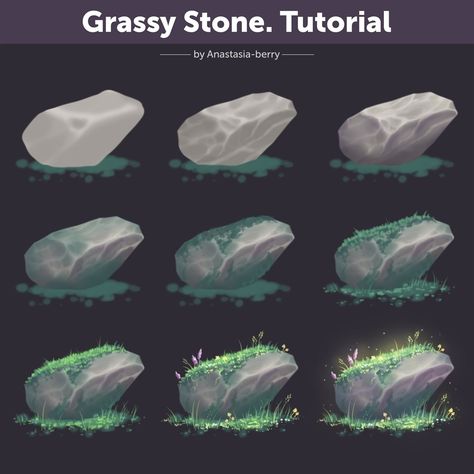 Grassy Stone. Tutorial | Patreon Concept Art Tutorial, Digital Painting Techniques, Digital Art Beginner, Digital Painting Tutorials, Environment Concept Art, Drawing Tutorials, Art Tutorial, Art Tutorials Drawing, Digital Art Tutorial