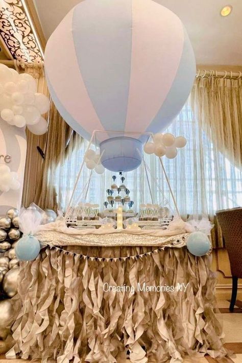 Hot Air Balloon Party Ideas, 1st Birthday Boy Party Ideas, Hot Air Balloon 1st Birthday, Birthday Hot Air Balloon, Hot Air Balloon Birthday Party, Dessert Table Decorations, Hot Air Balloon Birthday, Shower Foods, Paris Baby Shower