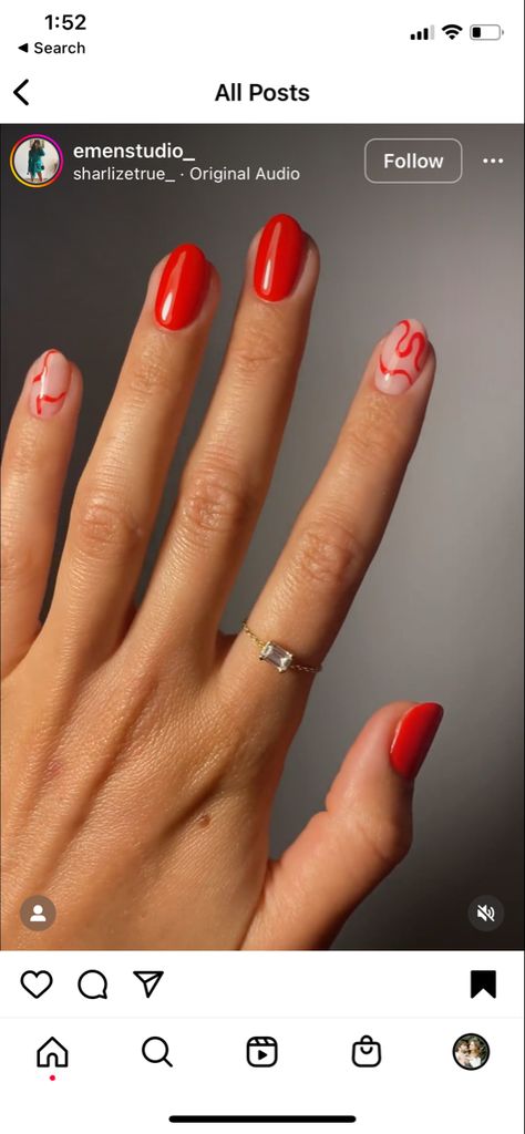 Red Nails With Minimal Design, Minimalist Red Nail Designs, Red Nails With Swirls, Red Builder Gel Nails, Colorful Squiggle Nails, Wiggly Line Nails, Red Lines Nails, Red Squiggle Nails, Red Oval Nails With Design