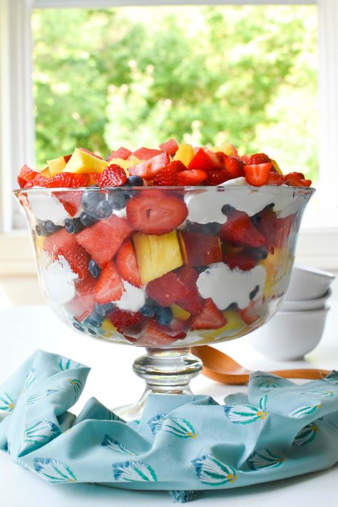 Quick Easy Fruit Salad Trifle (No-Bake Dessert) | Savvy Saving Couple Fruit Sald, Trifle Salad, Salad Trifle, Trifle Bowl Recipes, Summer Fruit Desserts, Fruit Salad With Marshmallows, Trifle Dessert Recipes, Thanksgiving Fruit, Fruit Trifle