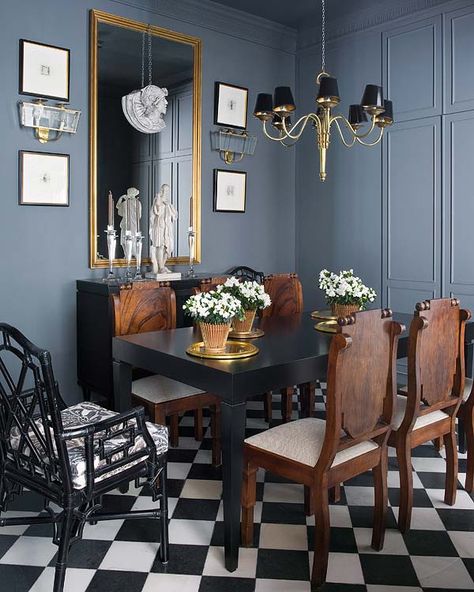 Stylish 19th century apartment in Madrid by Raul Martins Chinese Chippendale Chairs, Mark Sikes, Checkered Floor, Eclectic Dining Room, Chippendale Chairs, Eclectic Dining, Checkerboard Floor, White Floors, Gray Interior