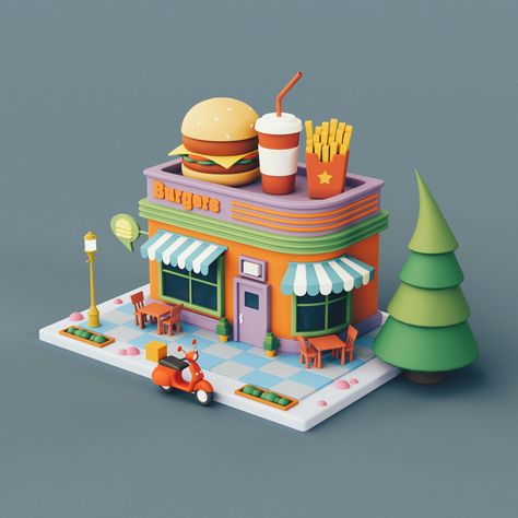 Food 3d, Burger Shop, 3d Cinema, Prop House, Concept Models Architecture, Low Poly Games, 3d Blender, Digital Marketing Design, Casas The Sims 4