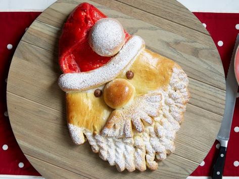 Get Santa Bread Recipe from Food Network Santa Bread, Cooking Chicken, Bread Shaping, Holiday Breakfast, Pastry Brushes, Gel Food Coloring, Dry Yeast, Food Network, Bread Recipe