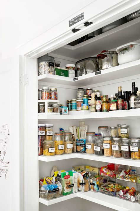 Space-Saving Pantry Organization Kitchen Food Pantry Ideas, Small Step In Pantry, Step In Pantry, Pantry Update, Armoire Pantry, Narrow Pantry, Small Bathroom Storage Cabinet, Pantry Organization Ideas, Organized Pantry