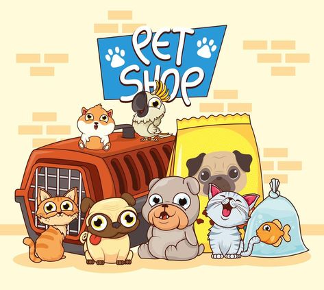 group of animals with pet shop items Pet Sitting Business Cards, Cat Pet Shop, Pet Shop Logo Design, Shop Logo Ideas, Pet Shop Logo, Logo Cat, Shop Vector, Pet Sitting Business, Logo Design Letter