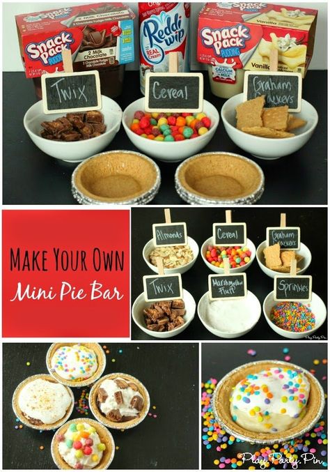 Snack Bar Food Ideas, Pudding Party Ideas, Work Snack Bar Ideas, Fall Family Reunion Food Ideas, Pie In A Cup For Kids, Easy Food Bars For Parties, Pie Day Ideas, Brownie Bar Party Ideas, Pie Bar Ideas