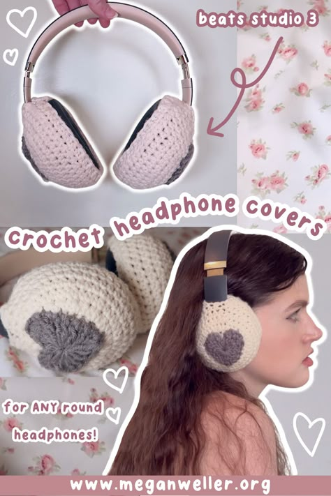 free crochet pattern headphone covers for beats studio 3, sony, jbl over ear headphones. aesthetic diys coquette dollette downtown girl balletcore fairycore grunge preppy tiktok depop ideas pinterest girl how to crochet a heart and a circle easy crochet projects for beginners diy gift ideas crafts things to do when your bored this summer Headphone Crochet Pattern, Crochet Patterns Headphones, Crochet Bose Headphone Cover, Headphones Covers Crochet, Crochet Headphone Case Free Pattern, Head Phone Cover Crochet, Head Phone Crochet, Crochet Beats Case, Headphone Cover Crochet Pattern Free