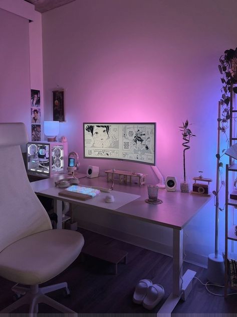 Games Room Inspiration, Gaming Desk Setup, Purple Room, Cool Dorm Rooms, Gamer Room Decor, Video Game Room Design, Desktop Setup, Deco Studio, Bedroom Setup