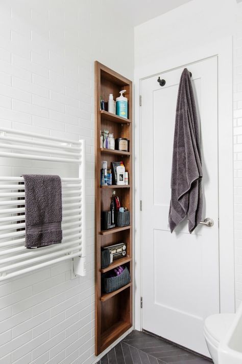 These 6 Clever Bathroom Storage Solutions Clear Clutter | Sweeten.com Wall Niches, Small Apartment Therapy, Clever Bathroom Storage, Bathroom Clutter, Recessed Shelves, Freestanding Storage Cabinet, Bathroom Storage Solutions, Freestanding Storage, Custom Shelving