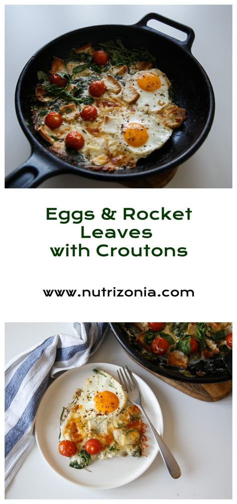 Eggs & Rocket Leaves with Croutons - :: Nutrizonia :: Rocket Leaves, Soft Egg, Halal Recipes, Oven Dishes, Breakfast Items, Vegetarian Food, Croutons, Low Calorie Recipes, Food Bloggers