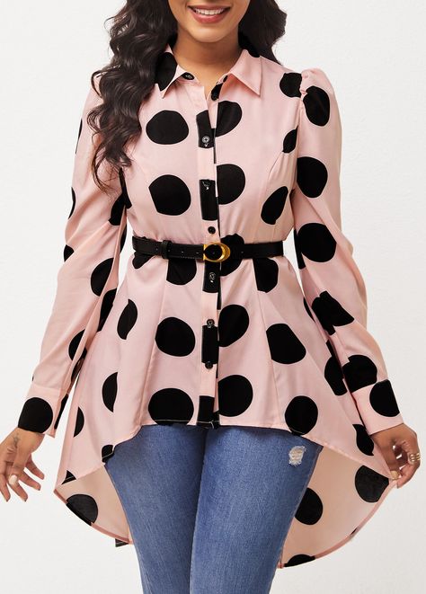 Polka Dot Dip Hem Light Pink Blouse | Rosewe.com - USD $33.87 Chiffon Tops For Women Trendy, Trouser And Top For Ladies, Ladies Printed Tops, Pink Washing, Dip Hem Blouse, Curvy Casual Outfits, Light Pink Blouses, Fashionable Work Outfit, 2piece Outfits