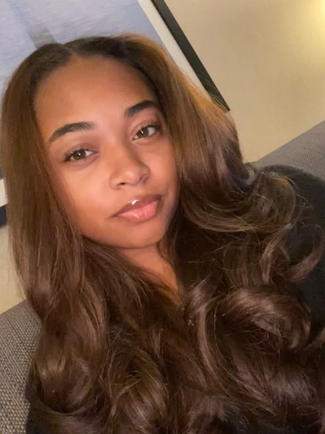 Amber Brown Hair Color Black Women, Black Hair Faded Into Brown, Chocolate Brown Silk Press, Caramel Highlights Black Women, Number 4 Hair Color, Brown Hair Silk Press, Brown Hair On Light Skin, Brown Hair On Black Girls, Silk Press Highlights