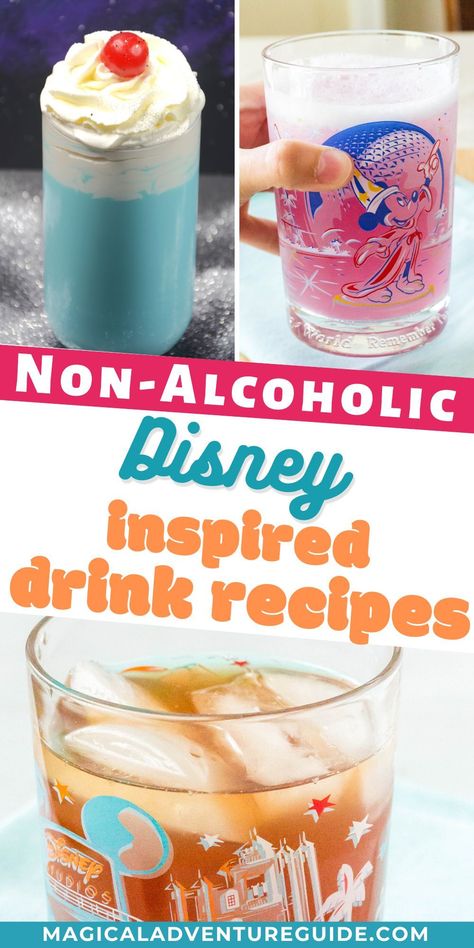 If you love the special drinks available in Disney theme parks, you'll adore these fantastic recipes for Disney drinks! Because they're non-alcoholic, they're family-friendly options to satisfy your Disney cravings. Night Blossom Drink Disney Recipe, Disney Drinks Recipes, Disney Non Alcoholic Drinks, Disney Themed Drinks Non Alcoholic, Encanto Drink Ideas, Disney Mocktail Recipe, Disney Drinks Nonalcoholic, Disney Mocktails Non Alcoholic, Disney Mixed Drinks