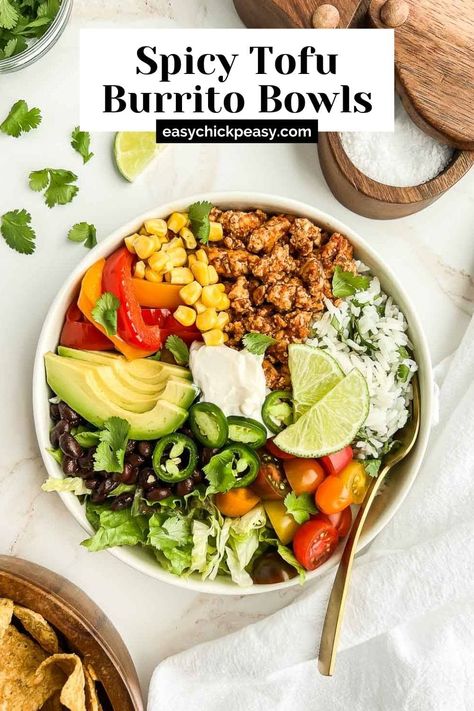 Spicy Baked Tofu Burrito Bowls Tofu Burrito, Fall Lunch Ideas, High Protein Plant Based, Vegan Basics, Chipotle Rice, Crispy Baked Tofu, Fall Lunch, Vegan Mexican Food, Chipotle Burrito Bowl