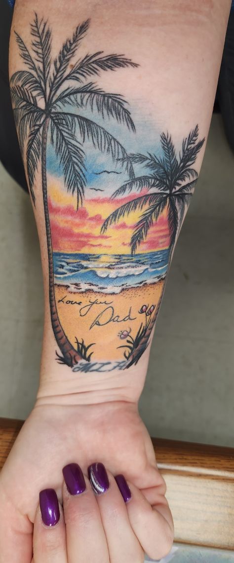 Ocean Sunset Tattoo Black And White, Beach Tattoos For Women Sleeve, Sunset Tattoos For Women, Beach Scene Tattoo, Beach Tattoos For Women, Beach Inspired Tattoos, Small Beach Tattoos, Beach Tattoos, Scene Tattoo