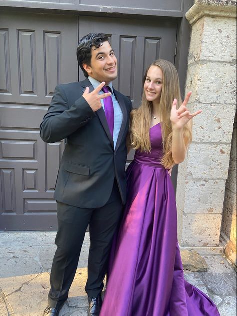 Purple Prom Dress Couple, Dark Purple Prom Couple, Purple Graduation Dress, Enchanted Garden Prom Dress, Purple Prom Couple, Meg Aesthetic, Garden Prom Dresses, Prom Dress Purple, Satin Long Prom Dress