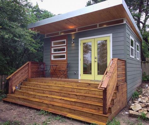 Pictured: 14x16 Modern Studio Luxe complete with a full bathroom.    This space is utilized as a home office/guest house. Shed With Bathroom, She Shed With Bathroom, She Sheds Ideas, Trendy Home Office, Shed Guest House, Sheds Ideas, Home Office/guest Room, Steel Siding, Backyard Cottage