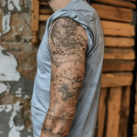 Close-up view of a person's arm with an intricate old-world map tattoo design, showcasing continents, oceans, and mythical creatures. Ideal body art for adventure enthusiasts and history lovers. Map Tattoo Design, World Map Tattoo, Always Tattoo, World Map Tattoos, Map Tattoo, Map Symbols, History Tattoos, Map Tattoos, Detailed Tattoo