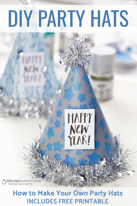 DIY Party Hats with Free Printables - How to make Happy New Year party hats #ad #diyparty #newyears #newyearspartyideas New Years Party Food, New Years Craft, Diy New Years Party, New Years Crafts, Make Your Own Hat, New Years Hat, Diy Photo Booth Props, New Years Ideas, New Year's Party