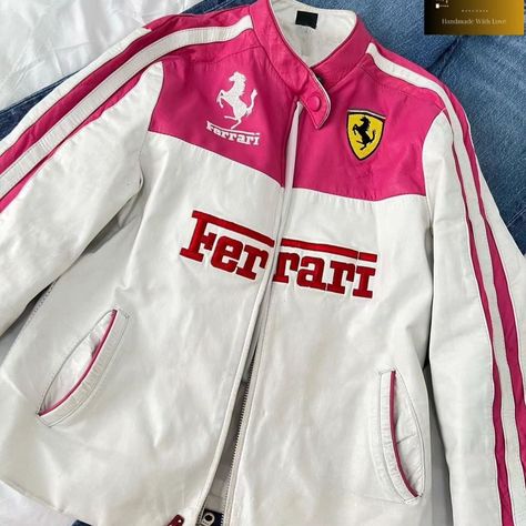 Ferrari f1 racing leather jacket Pink🌸❄️🎗 Pink Ferrari Jacket, Race Car Jacket, Ferrari Fashion, F1 Jacket, Racing Leather Jacket, Pink Ferrari, Ferrari Jacket, Pink Ranger, Feminine Urge