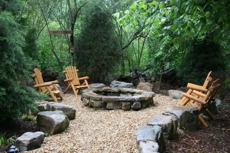 Wooded Backyard, Outdoor Fire Pit Area, Gravel Landscaping, Outdoor Fire Pit Designs, Fire Pit Landscaping, Backyard Landscape, Fire Pit Area, Fire Pit Designs, Backyard Inspiration