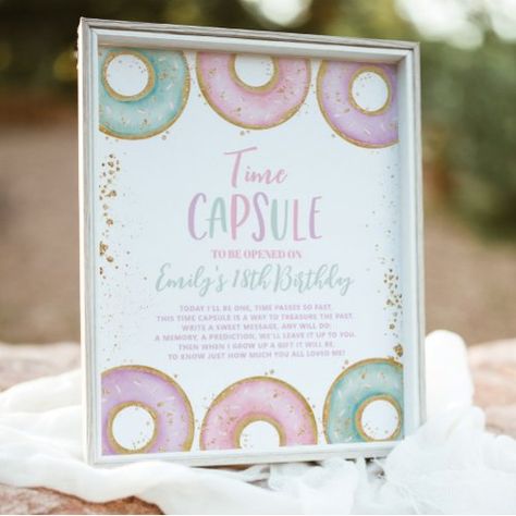 $11.65 | Donut Grow Up Birthday Time Capsule Poster Aqua #donut grow up, donut birthday, donut party, 1st birthday, girls 1st birthday, time capsule, 1st birthday time capsule game, donut party games, pink purple, donut first birthday 1st Birthday Games, Donut Party Decorations, Birthday Time Capsule, First Birthday Posters, Grown Up Parties, Birthday Donuts, Donut Birthday Parties, Donut Party, Sweet Messages