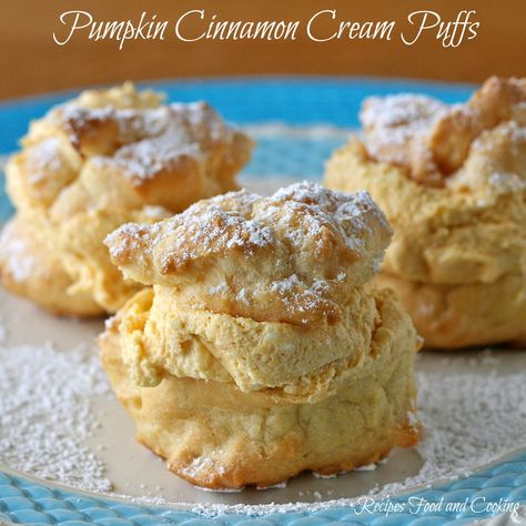 Pumpkin Cinnamon Cream Puffs Pumpkin Cream Puffs Filling, Pumpkin Cream Puff Filling, Maple Cream Puffs, Fall Cream Puffs, Pumpkin Cream Puffs Recipe, Halloween Cream Puffs, Pumpkin Cream Puffs, Pumpkin Pastries, Thanksgiving Sweets