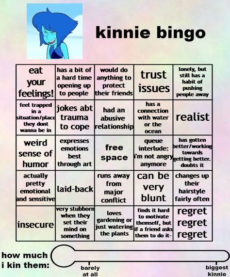 Kinnie Bingo, Lapis Lazuli Steven Universe, Bingo Template, Character Template, Bingo Board, Feeling Trapped, Pinterest Templates, Pinterest Memes, Totally Me