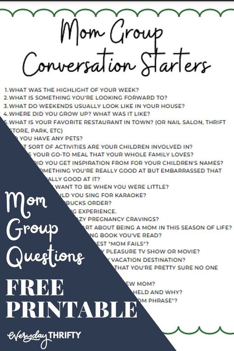 These mom group converstion starters will help you get to know other moms. You'll find a healthy mix of fun and deep questions to ask each other. FREE printable included! Mom Group Games, Group Conversation Starters, Moms Group Activities, Group Therapy Ideas, Support Group Activities, Questions To Ask Each Other, Mom Support Group, Mommy Group, Questions To Get To Know Someone