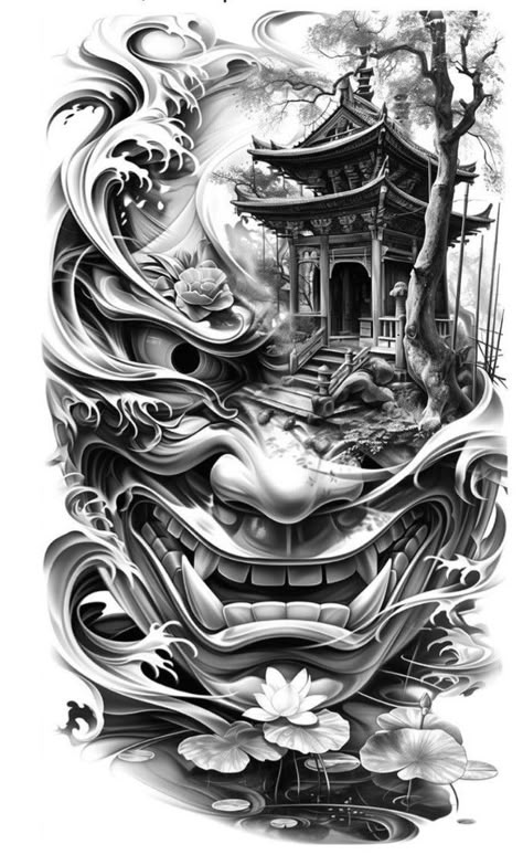 Asian Demon Tattoo, Japanese Tattoo Temple, Chinese Temple Tattoo, Illusion Tattoo Ideas, Japanese Temple Tattoo Design, Men Cool Tattoo, Carp Tattoo Design, Koi Carp Tattoo, Women Face Tattoo