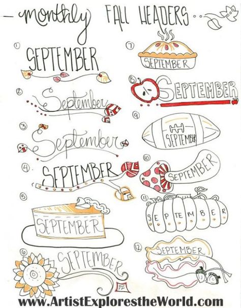 18 September and Fall Bullet Journal Ideas - Fall Bullet Journal Ideas, Fall Bullet Journal, Bullet Journal Theme Ideas, Journal Theme Ideas, Fall Doodles, Bullet Journal September, Bullet Journal Headers, Journal Fonts, Bullet Journal Ideas