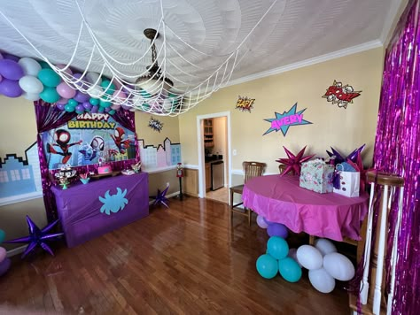 Ghost Spider Party Decorations, Ghost Spider 3rd Birthday, Spider Gwen Party Ideas, Ghost Spider Decorations, Gwen Spidey Party, Gwen Ghost Spider Birthday Party, Ghost Spider Party Ideas, Girl Spidey Birthday Party, Girl Spider Man Birthday Party