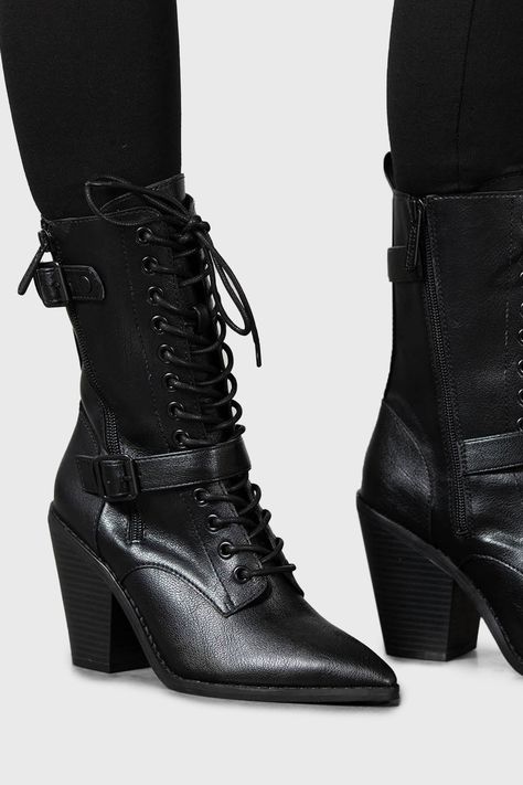 BEATRIX.- Statement faux leather boots.- Lace up front.- Inside zip closure.- Outer zip and buckle details.- Block heel.- Pointed toe.- Heel height 9.5cm/3.7".with KILLSTAR branding, 100% PU. Lace Up Black Boots, Laduca Boots, Vampire Heels, Black Leather Heel Boots, Killstar Shoes, Ghost Quartet, Witchy Boots, Green Leather Boots, Footwear Inspiration