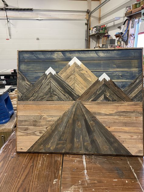 Mountain Scene Wood Art, Wood Lath Art, Pallet Wood Wall Art, Lath Art, Minwax Stain Colors, Scrap Wood Art, Mountain Wood Art, Wood Art Diy, Minwax Stain