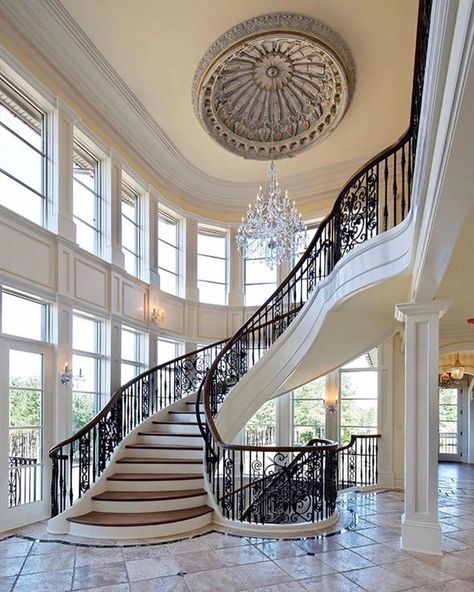 A favorite staircase found in a home in @creightonfarms. I added a few photos of the house that I haven’t posted before ➰⚜️➰. Lighting by… Circle Staircase, Circle Stairs, Two Story Windows, Winding Staircase, French Country Living Room, Industrial Living, Home Stairs Design, Bohemian Home Decor, Front Rooms