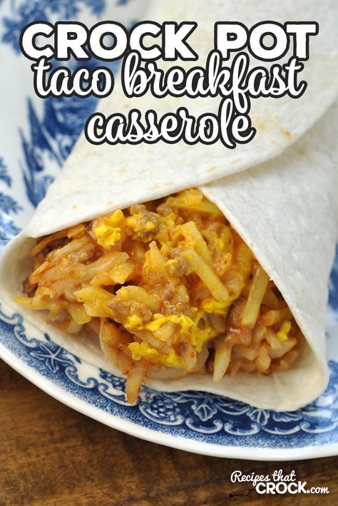 Crock Pot Taco Breakfast Casserole is an easy cheesy taco beef hash brown casserole you can serve on its own or in a flour tortilla. Taco Breakfast Casserole, Pan Enchiladas, Taco Breakfast, Taco Beef, Ground Beef Crockpot Recipes, Mexican Breakfast Casserole, Crockpot Taco, Hashbrown Casserole Recipe, Easy Taco Recipes