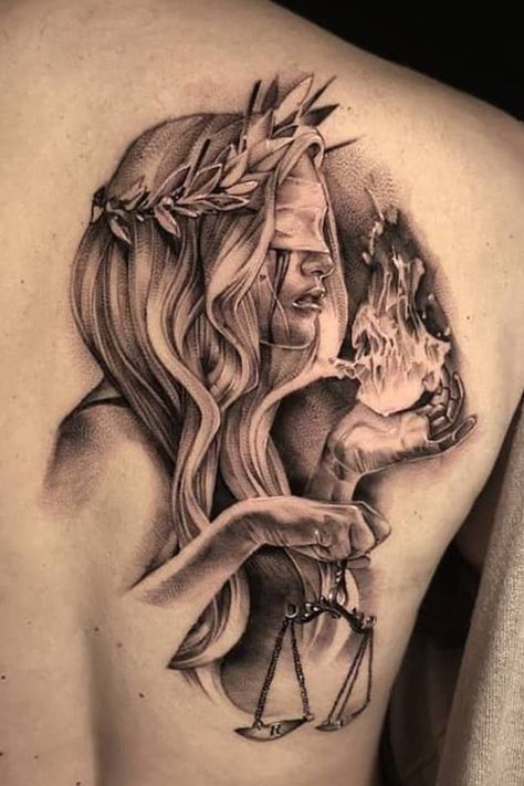 Woman Portrait Tattoo, Lady Justice Tattoo, Tattoo Back Piece, Greek Goddess Tattoo, Portrait Tattoo Sleeve, Flesh Tattoo, Justice Tattoo, Libra Tattoo, Back Piece Tattoo