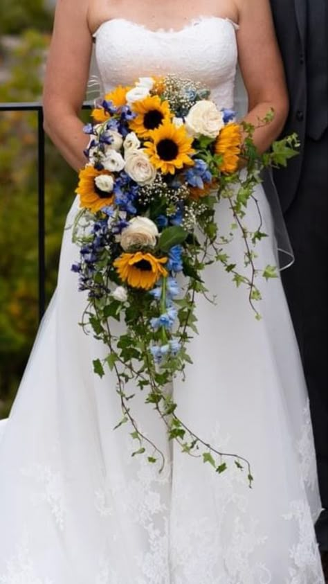 Sunflower And Bluebonnet Bouquet, Sunflower Cascade Bouquet, Sunflower Wild Flower Wedding Bouquet, Sunflower Wedding Bouquet Blue, Wedding Flowers Blue And Yellow, Sunflower Hydrangea Bouquet, Cascading Sunflower Bridal Bouquet, Hydrangea And Sunflower Bouquet, Sunflower And Blue Wedding Theme